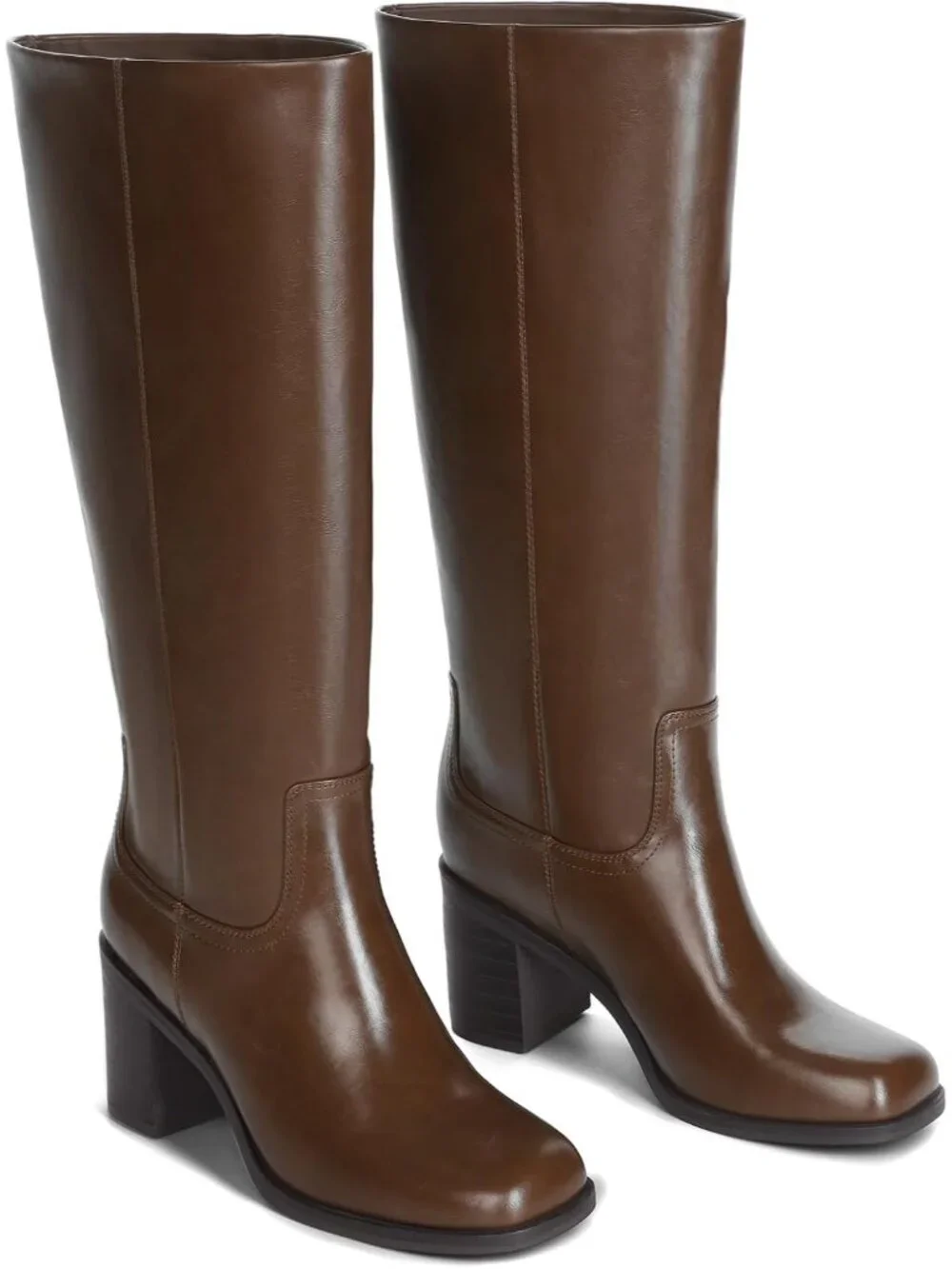 Women's Dark Brown Chunky Block Heel Square Toe Faux Leather Long Knee High Boot